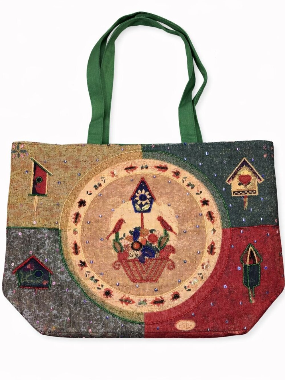 Embroidered and Beaded Canvas Totes with Birds and Bird Houses